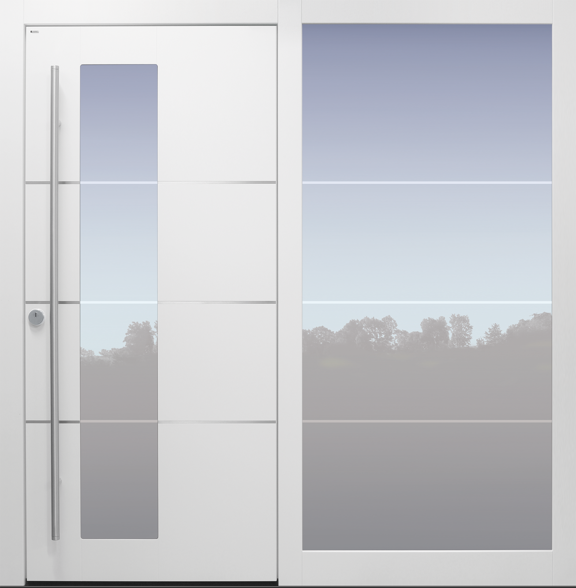 Haustür modern, weiß, TOPICcore, Edelstahl, Klarglaslinien, Edelstahllisenen, Seitenteil, Sicherheitstür, passivhaustauglich, besser als Alu, Glas Haustür modern, weiß, TOPICcore, Edelstahl, Seitenteil, Sicherheitstür, passivhaustauglich, besser als Alu, Glas