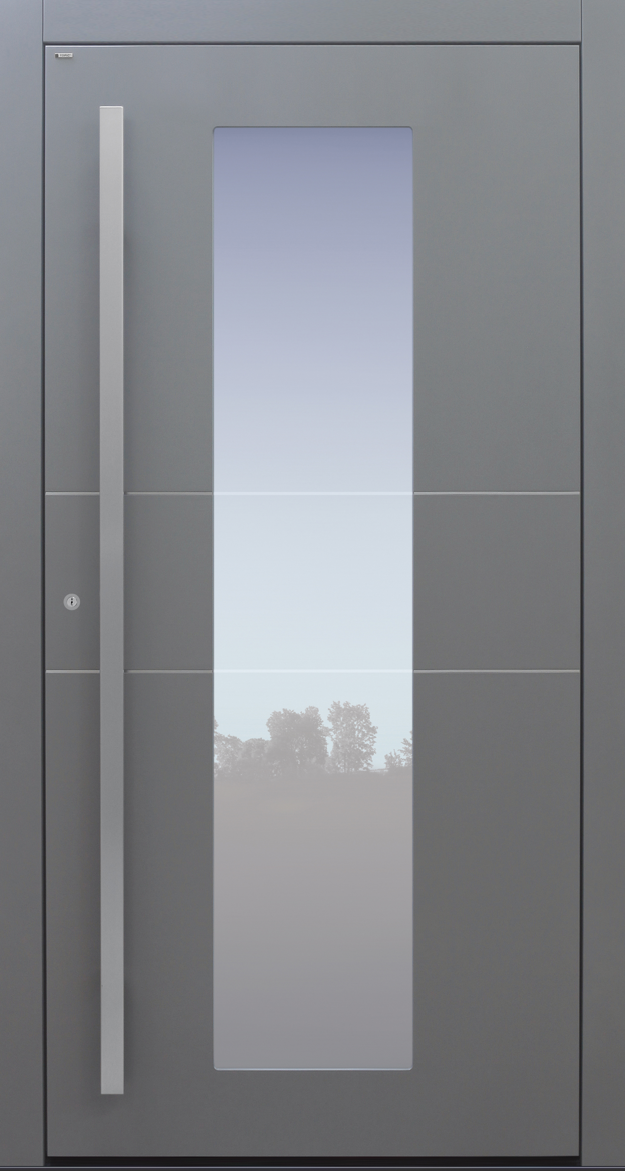 Haustür grau mit Edelstahllisenen und satinierte Glaslinien auf Kundenwunsch mit Option Designpaket Modell B11 Haustür grau mit Edelstahllisenen und satinierte Glaslinien auf Kundenwunsch mit Option Designpaket Modell B11