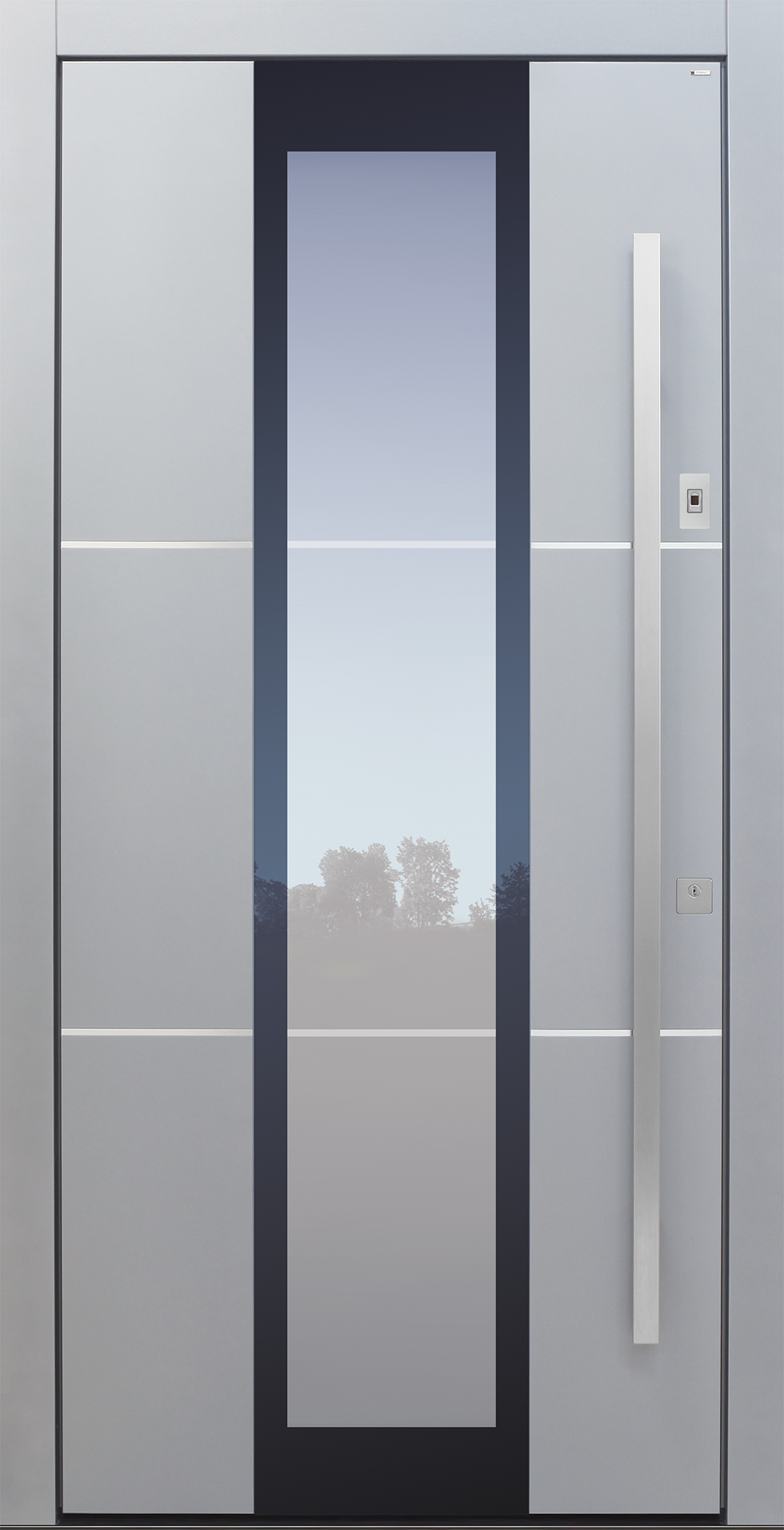 Haustür grau mit Edelstahllisenen Klarglaslinien und Fingerprint Modell B35-T2 Haustür grau mit Edelstahllisenen Klarglaslinien und Fingerprint Modell B35-T2
