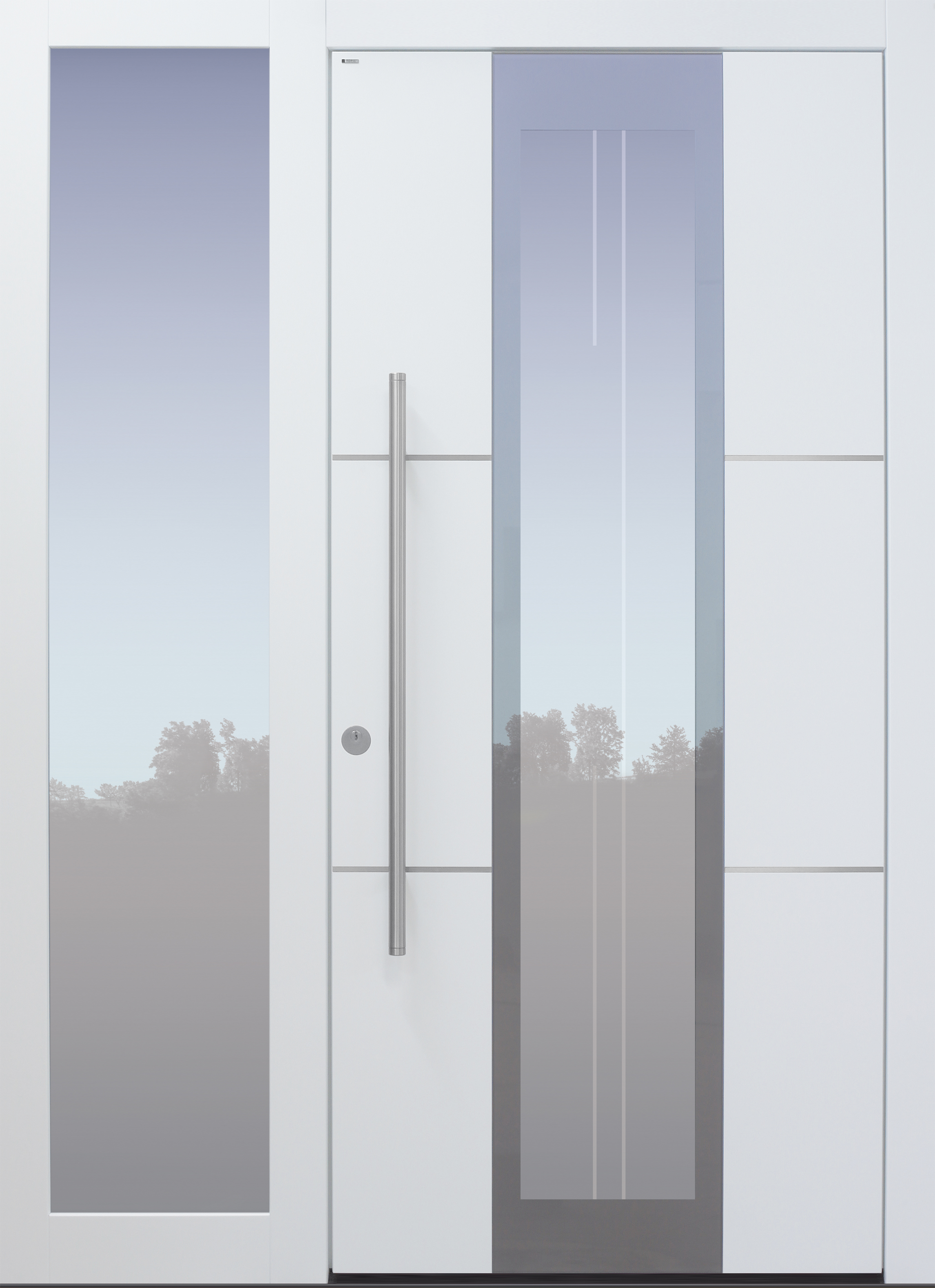 Haustür modern, weiß, silber, TOPICcore, Edelstahllinien, Glasmotiv, Seitenteil, Sicherheitstür, passivhaustauglich, besser als Alu, Glas Haustür modern, weiß, silber, TOPICcore, Edelstahllinien, Glasmotiv, Seitenteil, Sicherheitstür, passivhaustauglich, besser als Alu, Glas