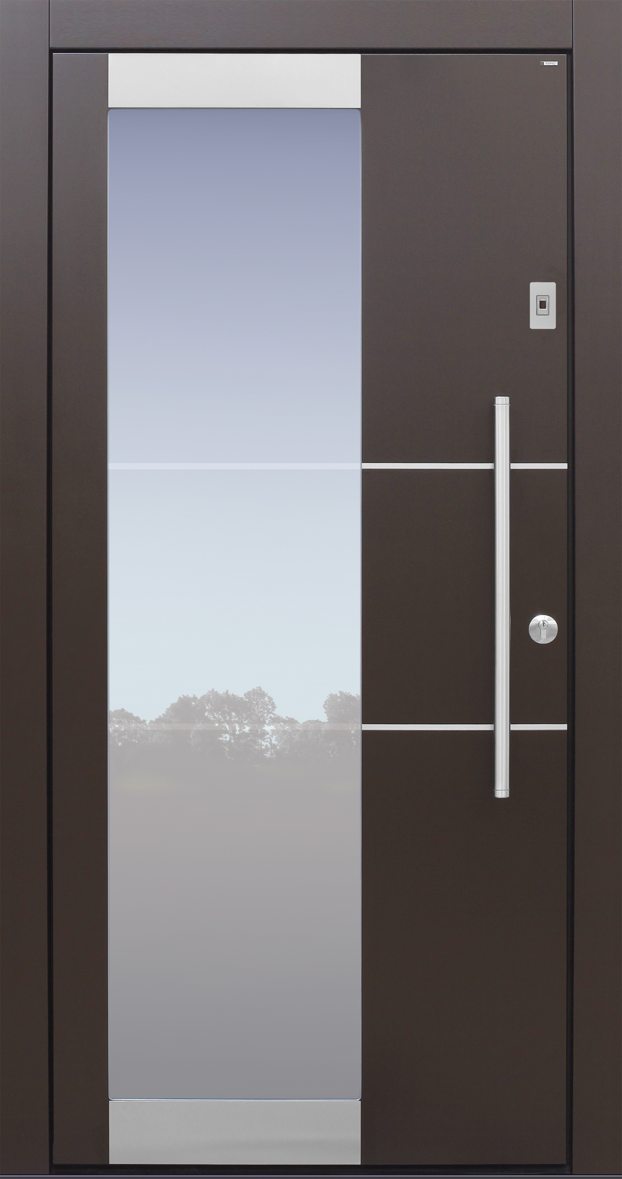 Haustür HF768 braun mit Fingerprint Edelstahllisenen und Klarglaslinien Modell B55-T1 Haustür HF768 braun mit Fingerprint Edelstahllisenen und Klarglaslinien Modell B55-T1