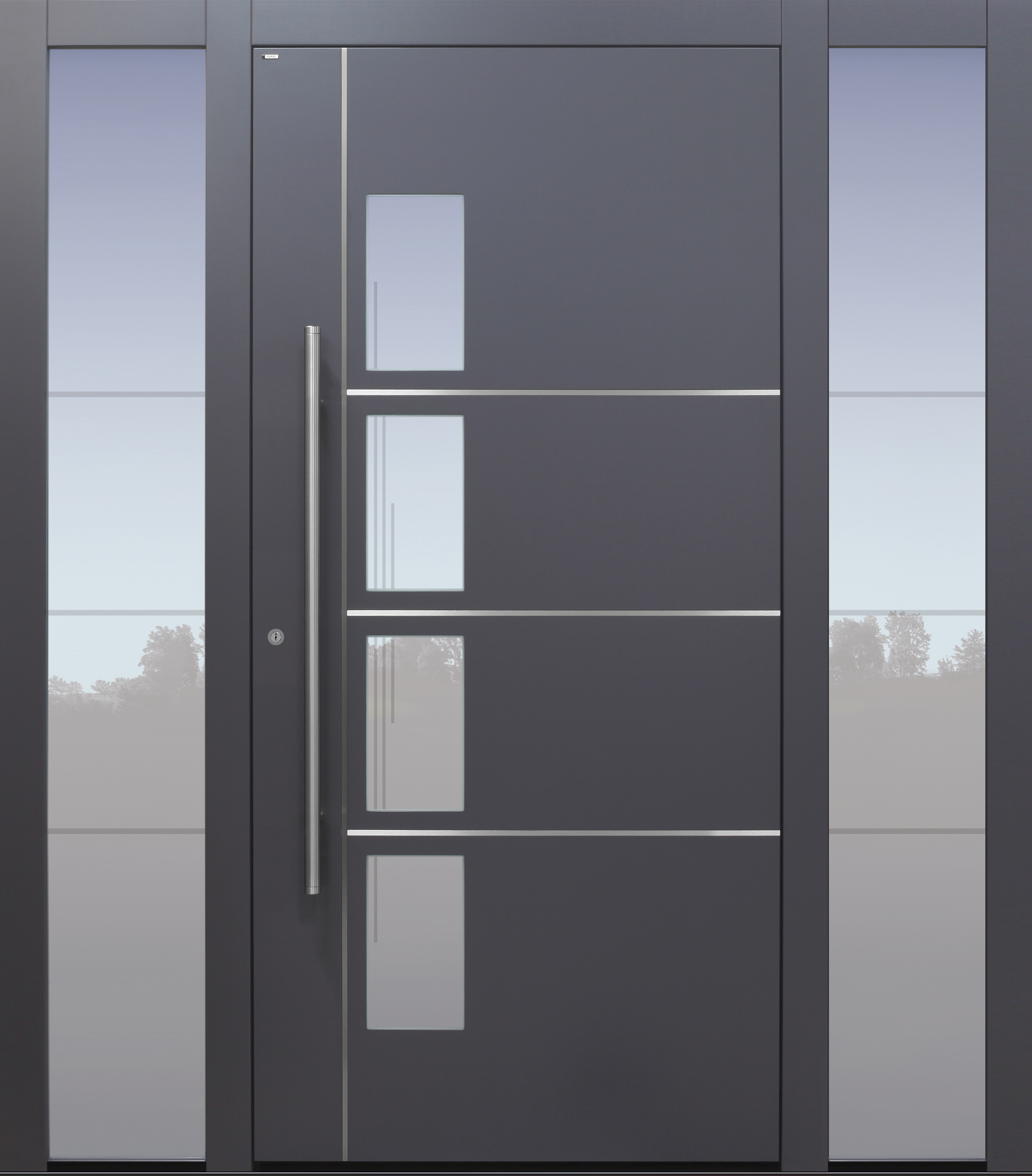 Haustür anthrazit mit Sondersandstrahlung mit Glasmotiv MS4 mit 2 Seitenteilen B1 Modell B65-T2 Haustür anthrazit mit Sondersandstrahlung mit Glasmotiv MS4 mit 2 Seitenteilen B1 Modell B65-T2