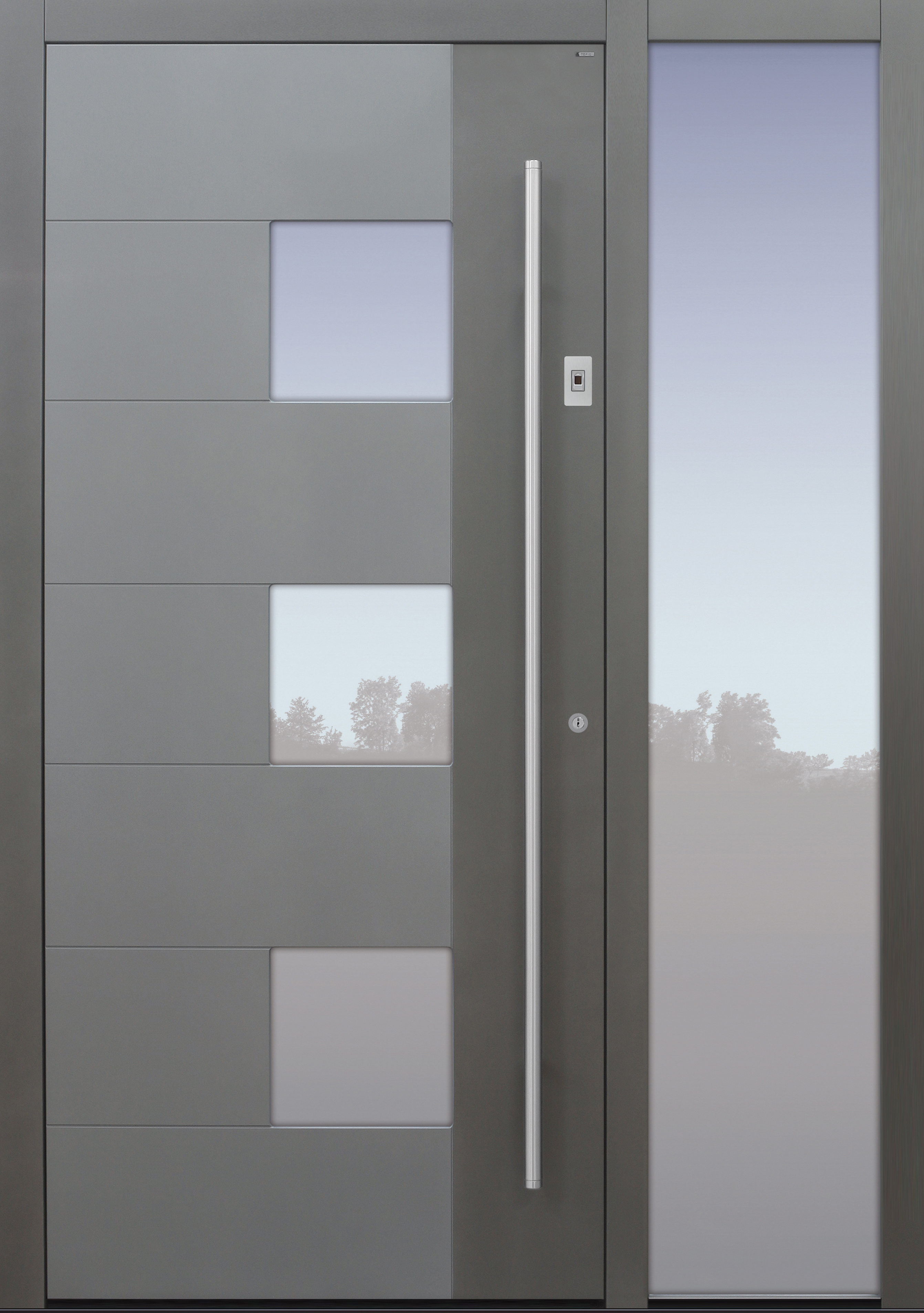 Haustür grau mit Optionen 2. Farbe und Designpaket mit Fingerprint mit Seitenteil B1 Modell B66 Haustür grau mit Optionen 2. Farbe und Designpaket mit Fingerprint mit Seitenteil B1 Modell B66