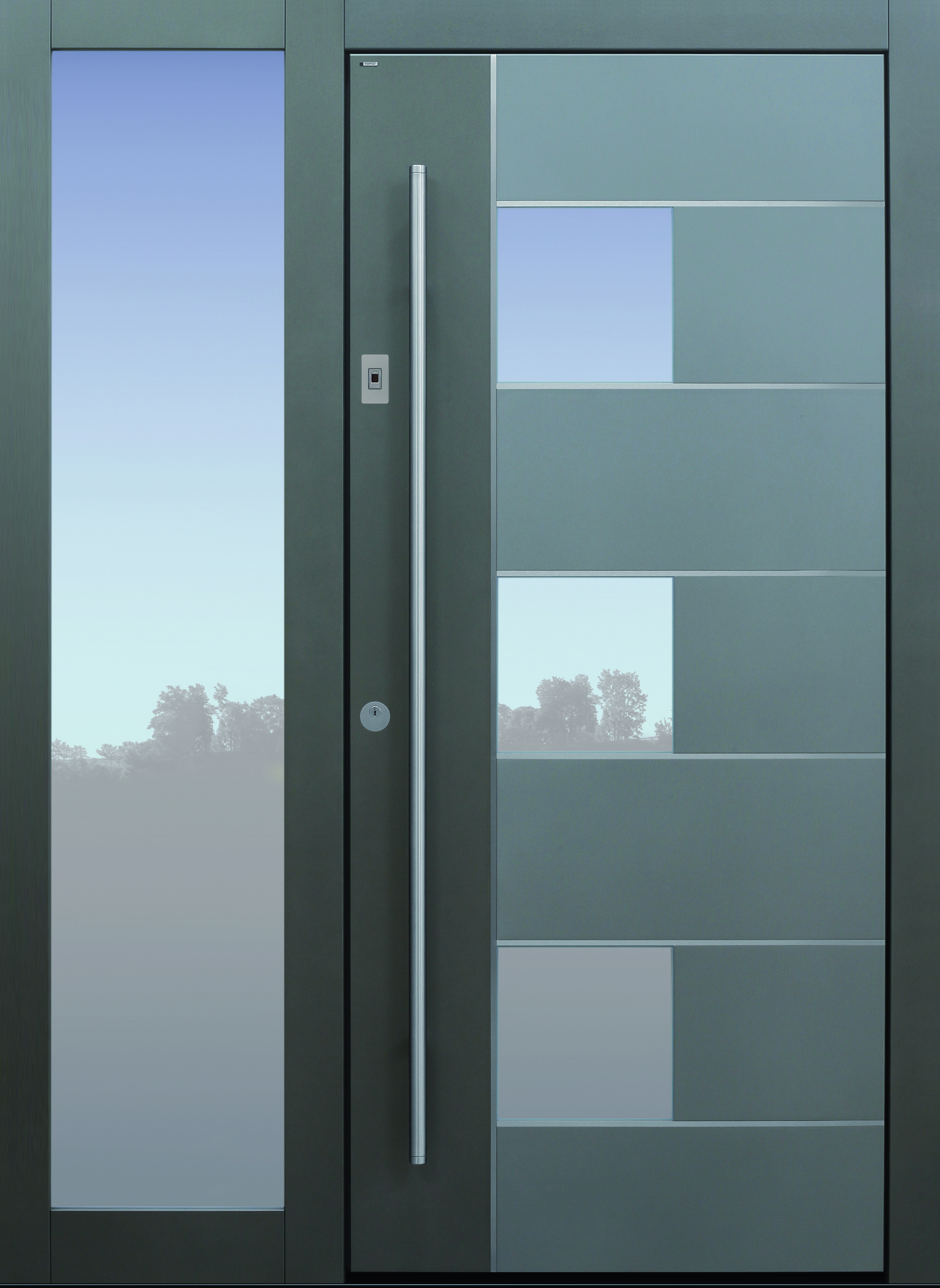 Haustür modern, grau, Fingerprint, Edelstahllisenen, Seitenteil, TOPICcore, Sicherheitstür, passivhaustauglich, besser als Alu, Glas Haustür modern, grau, Fingerprint, Edelsahllisenen, Seitenteil, TOPICcore, Sicherheitstür, passivhaustauglich, besser als Alu, Glas