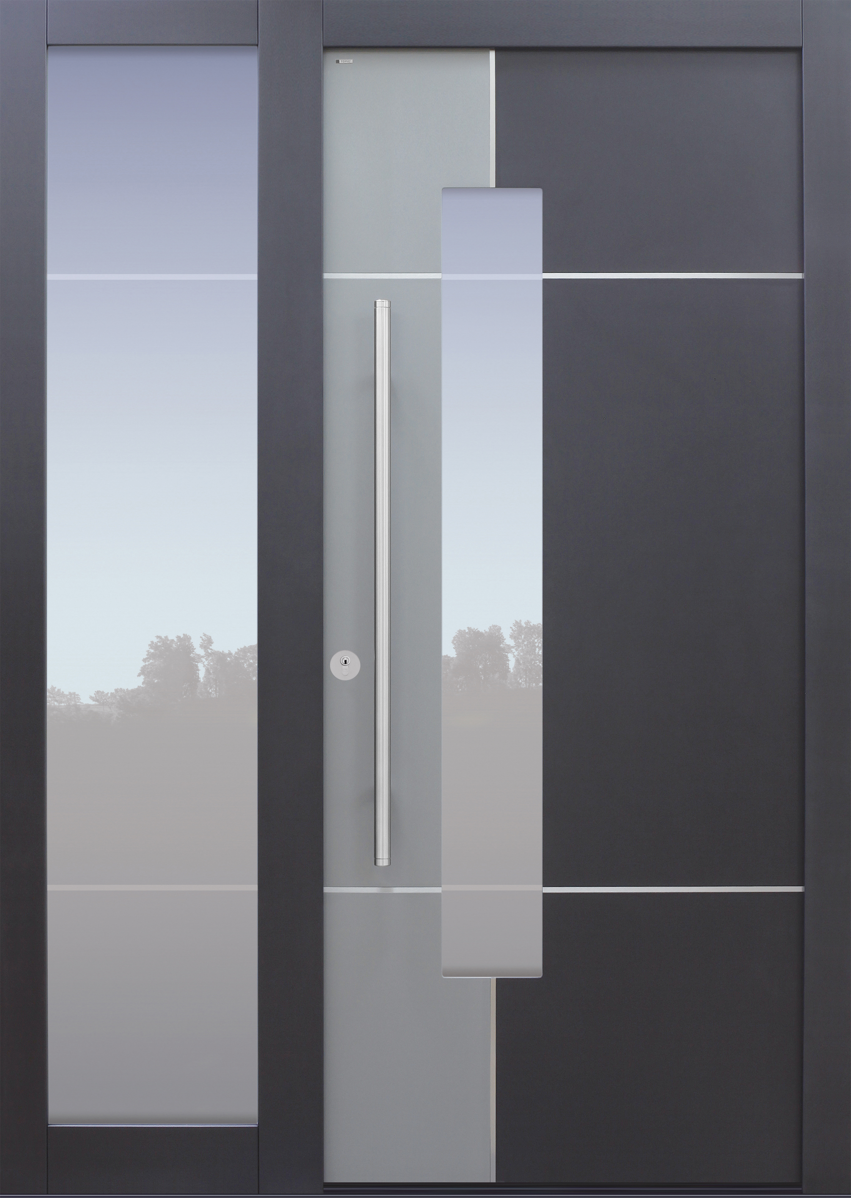 Haustür anthrazit mit Glasmotiv MS4 mit Edelstahllisenen auf Kundenwunsch mit Option 2. Farbe mit Seitenteil T Modell B68-T Haustür anthrazit mit Glasmotiv MS4 mit Edelstahllisenen auf Kundenwunsch mit Option 2. Farbe mit Seitenteil T Modell B68-T