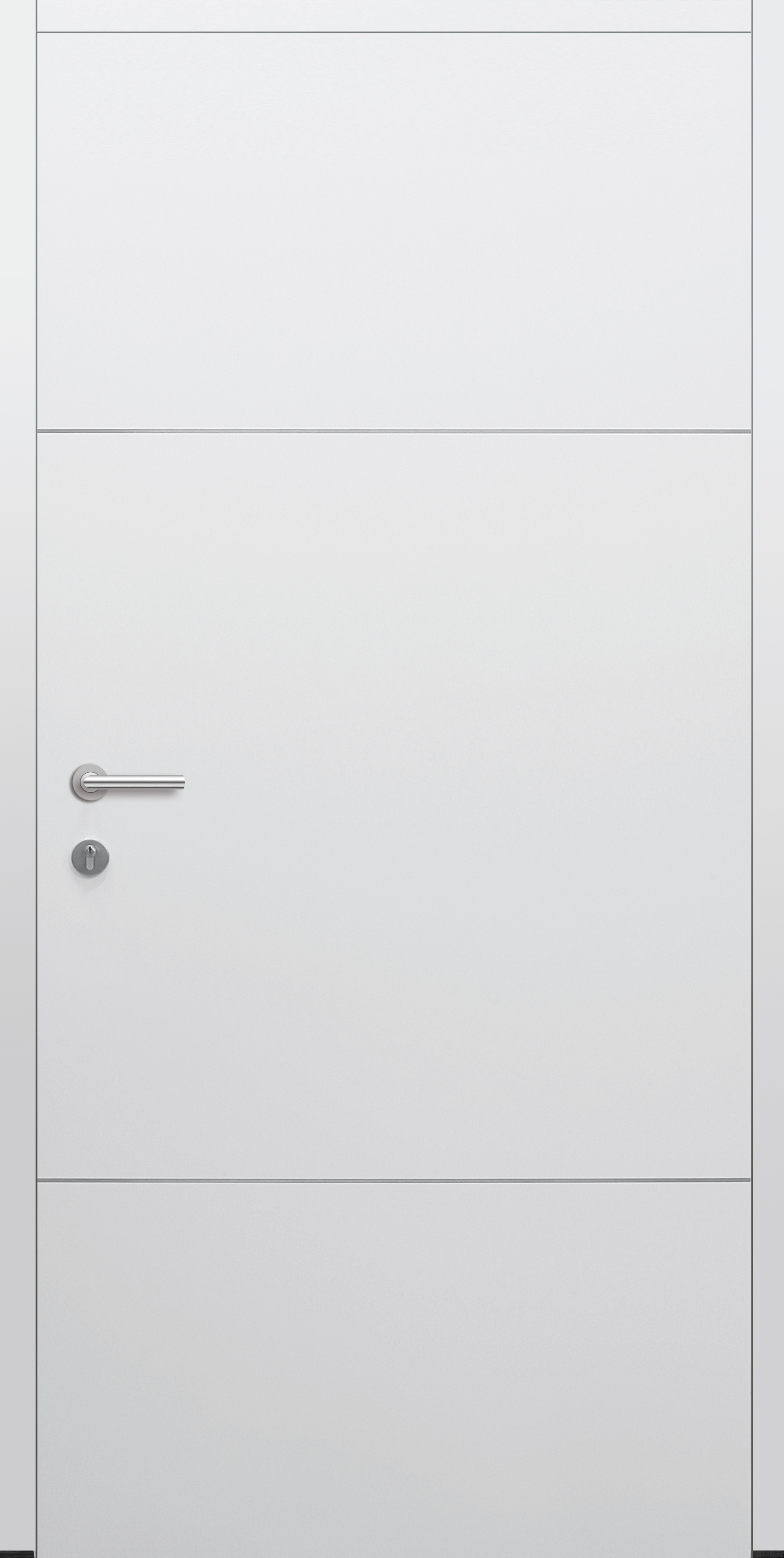 Haustür weiß Innenansicht mit Edelstahllisenen Modell B9-T1 Haustür weiß Innenansicht mit Edelstahllisenen Modell B9-T1
