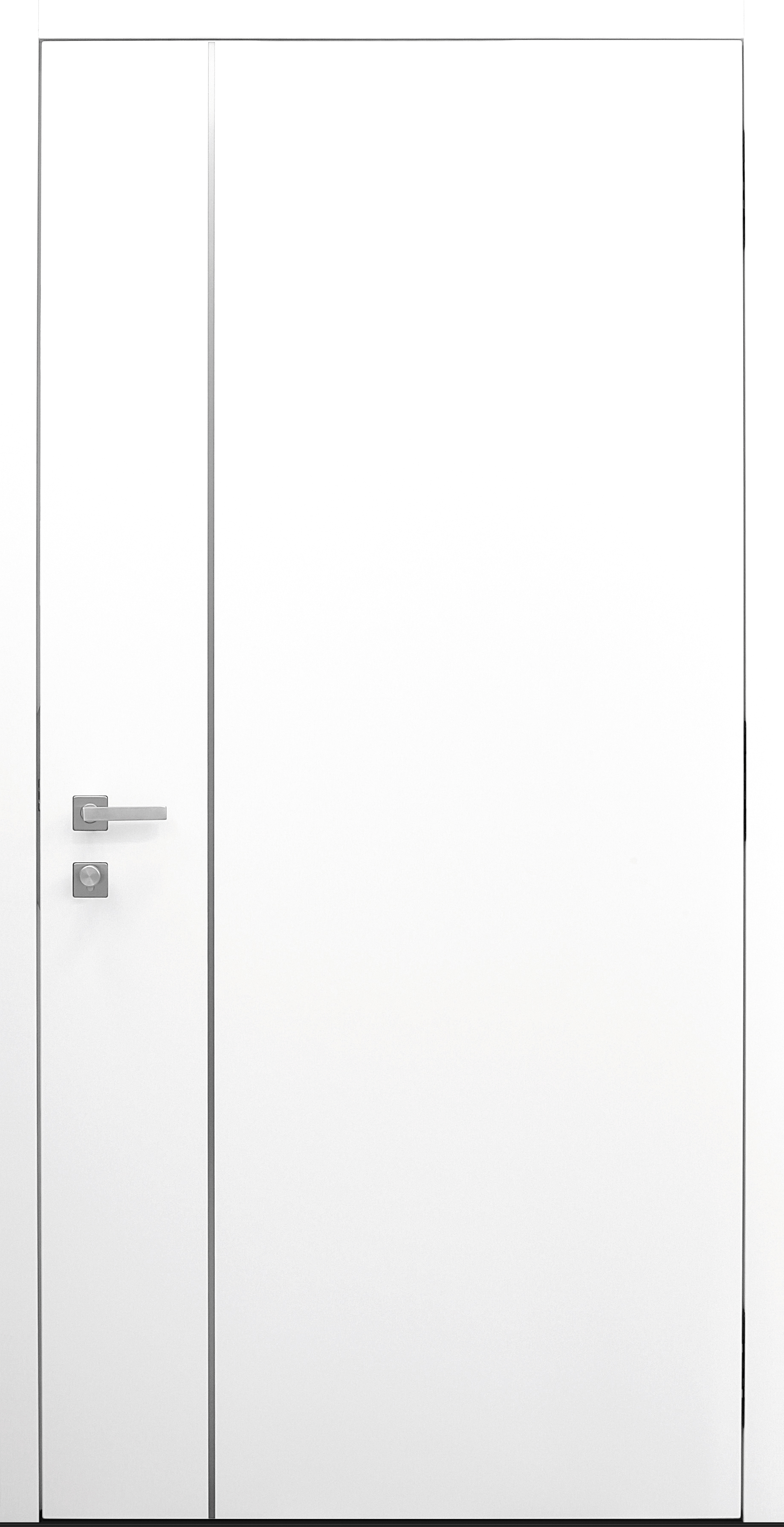 Haustür weiß Innenansicht mit Edelstahllisene schlossseitig Modell B9-T2 Haustür weiß Innenansicht mit Edelstahllisene schlossseitig Modell B9-T2