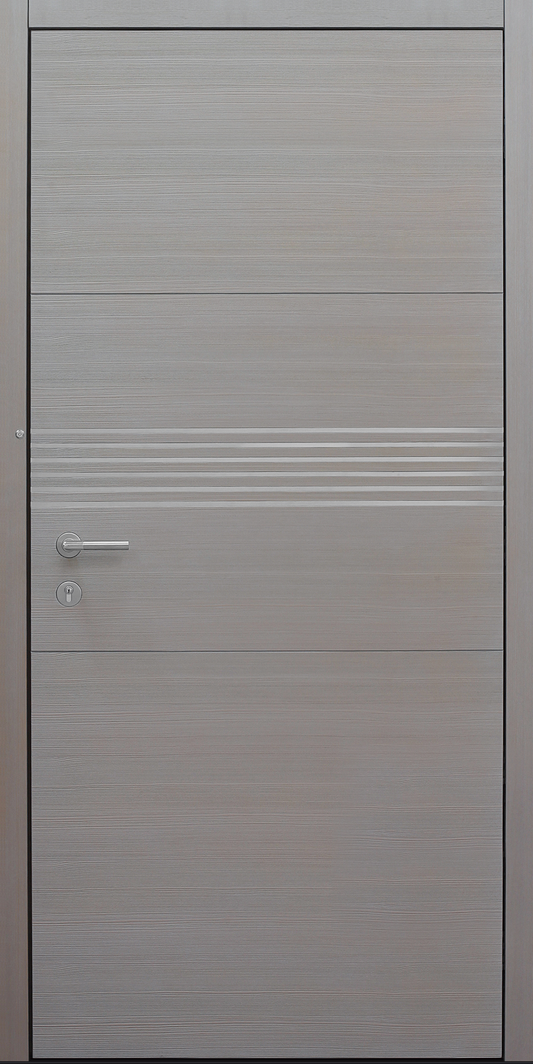 Haustür Lärche gebürstet Silverwood2 Innenansicht mit 6 Edelstahllisenen mit Touch-Tagesfunktion Modell B9 Haustür Lärche gebürstet Silverwood2 Innenansicht mit 6 Edelstahllisenen mit Touch-Tagesfunktion Modell B9