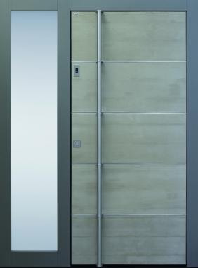 Haustür modern, grau, mit Seitenteil, Beton, Edelstahl, Sicherheitstür, passivhaustauglich, besser als Alu, Glas