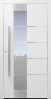 Haustür weiß mit Glasmotiv MS4 mit Edelstahllisenen auf Kundenwunsch Modell B10-T2