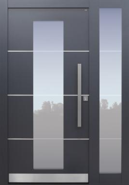 Haustür anthrazit mit Edelstahllisenen und Glasmotiv MS4 auf Kundenwunsch mit Seitenteilt T Modell B11