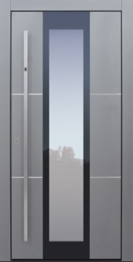 Haustür modern, grau, silber, TOPICcore, Fingerprint, Edelstahllisenen, Sicherheitstür, passivhaustauglich, besser als Alu, Glas