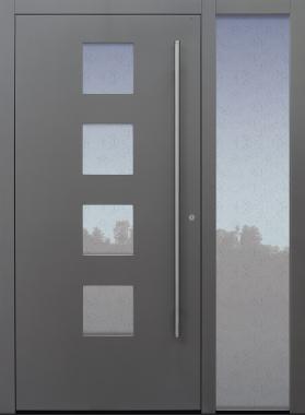 Haustür grau mit Glas Uadi weiß mit Stoßgrifflänge auf Kundenwunsch mit Option Designpaket mit Seitenteil B1 Modell B60