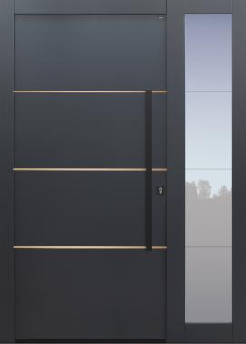 Haustür anthrazit mit Option 3 Lisenen in bronze poliert mit Stoßgriff und Rosette schwarz mit Glasmotiv MS4 mit Seitenteil T Modell B9