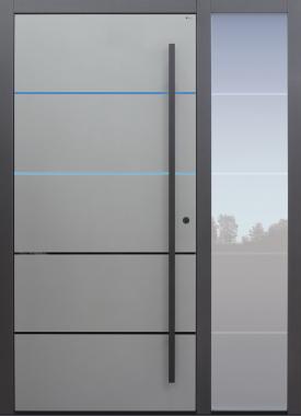 Haustür mit Option 4 Lisenen PVD poliert schwarz und Designpaket mit Stoßgriff schwarz Glasmotiv MS4 mit Seitenteil B1 Modell B9-T1