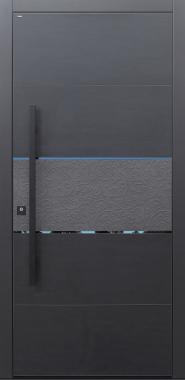 Haustür Keramik Koshi nero Design B918 Betonornament mit Stoßgriff schwarz mit schwarzen PVD polierten Lisenen Modell B9-T3