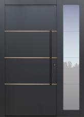 Haustür anthrazit mit Option 3 Lisenen in bronze poliert mit Stoßgriff und Rosette schwarz mit Glasmotiv MS4 mit Seitenteil T Modell B9