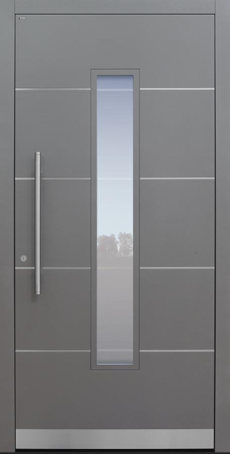 Haustür grau mit Option Edelstahllisenen und Designpaket mit Glasmotiv MS4 Modell A843