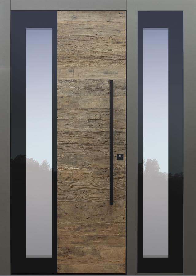 Haustür modern, Holz, Eiche, Altholz Eiche, Stoßgriff schwarz Sicherheitstür, passivhaustauglich, besser als Alu, Glas, Seitenteil