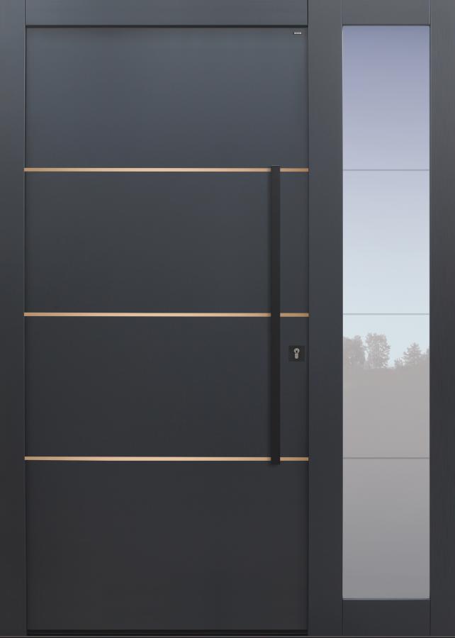 Haustür anthrazit mit Option 3 Lisenen in bronze poliert mit Stoßgriff und Rosette schwarz mit Glasmotiv MS4 mit Seitenteil T Modell B9-T